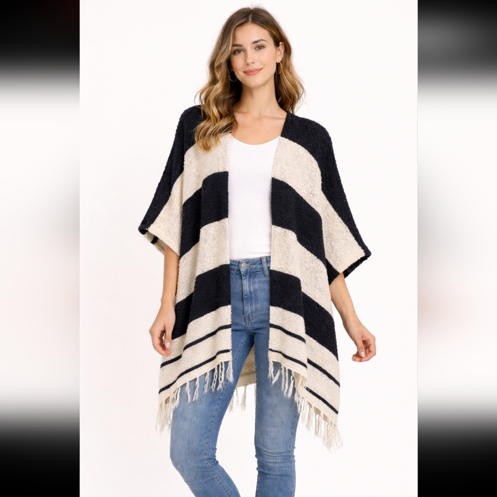 By Together Black & Cream Striped Nubby Fringed Poncho Sz.M/ L #1550 - Picture 1 of 8